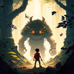 The boy fights the monster, challenging his inner fears. Generative AI.