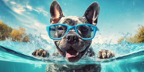 Hund im Urlaub im Wasser KI
