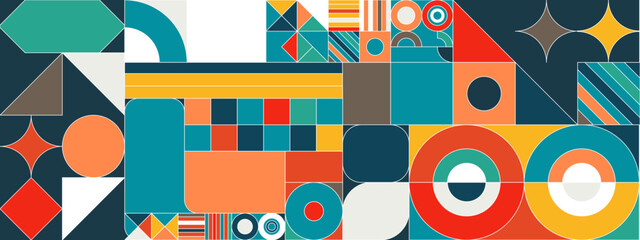Geometric pattern vector background with Scandinavian abstract color or Swiss geometry prints of rectangles, squares and circles shape design