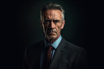 Fototapeta premium Portrait of mature businessman in suit looking at camera on black background.Generative Ai