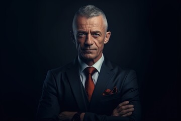 Fototapeta premium Portrait of mature businessman in suit looking at camera on black background.Generative Ai