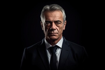 Fototapeta premium Portrait of mature businessman in suit looking at camera on black background.Generative Ai