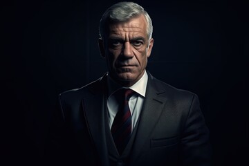 Fototapeta premium Portrait of mature businessman in suit looking at camera on black background.Generative Ai