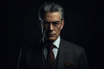 Fototapeta premium Portrait of mature businessman in suit looking at camera on black background.Generative Ai