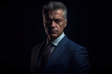 Obraz premium Portrait of mature businessman in suit looking at camera on black background.Generative Ai