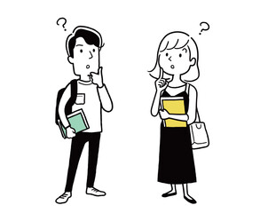 ベクターイラスト素材：考える大学生の男女、男子大学生と女子大学生
