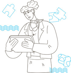 Successful confident business woman who works and searches information online with tablet. Businesswoman with tablet line image.