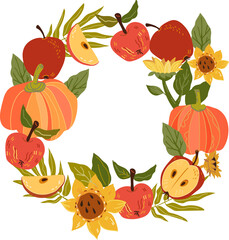 Autumn vegetables harvest frame or wreath with apples and pumpkins. Autumn seasonal cards design element. Autumn frame.