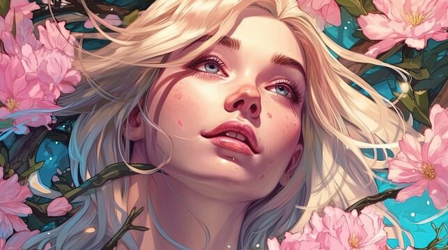Cute blonde girl in the Breathtaking spring blossoms . Fantasy concept , Illustration painting.