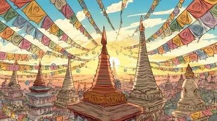 Buddhist prayer flags and stupas . Fantasy concept , Illustration painting. - obrazy, fototapety, plakaty