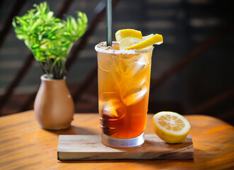 Refreshing with glass of Iced Tea add Lemon juice on wooden table mai tai 