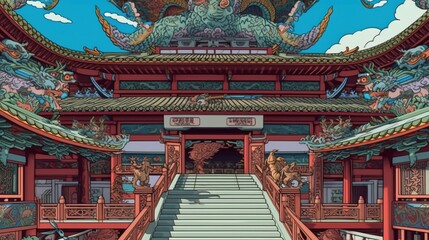 Buddhist temple architecture . Fantasy concept , Illustration painting.