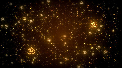 Abstract Spiritual Art Golden Glowing Shine Glitter Sparkle Flash Twinkle Omkara Devanagari Hinduism Symbol Particles Background - obrazy, fototapety, plakaty