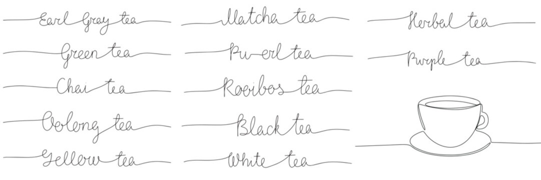 Big collection type of tea name one line continuous. Vector illustration with hand-drawn lettering. Tea time set for prints and posters, menu design, invitation and greeting cards. Calligraphic