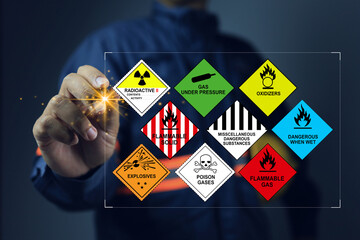Security officers with virtual screen and inspect the storage of dangerous goods hazardous...