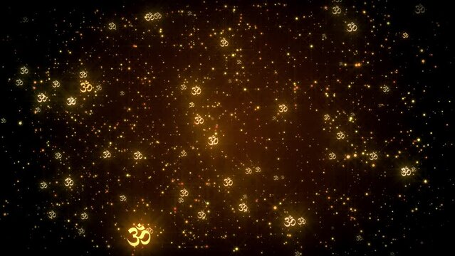 Abstract Spiritual Art Golden Glowing Shine Flying Glitter Sparkle Flash Twinkle Omkara Devanagari Hinduism Symbol Particles Background, Seamless Loop