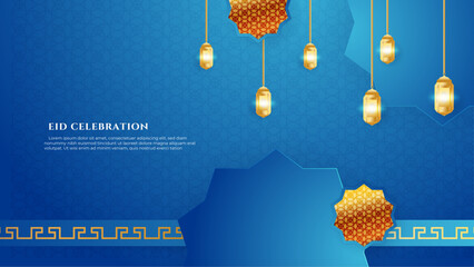 Vector ied mubarak social media post blue and gold vector decoration islamic religious festival and eid ramzan kareem