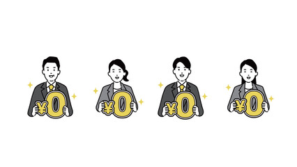 0円の文字をもつ人物のシンプルイラスト、ベクター