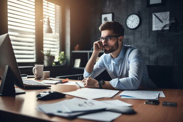 Fototapeta premium Serious young businessman in eyeglasses talking on mobile phone while working in office, Generative AI