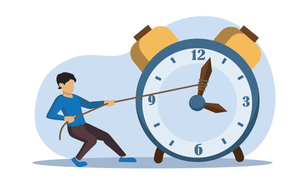 Life management. Faceless character trying to reverse flow of time. Strong fit male pulling back minute hand on alarm clock using rope. Flat vector illustration