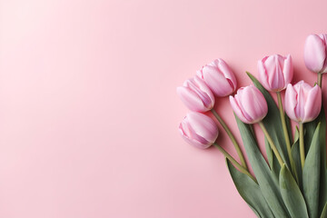 Bouquet of pink tulips on a pink background. Flat lay, top view. Generative Ai