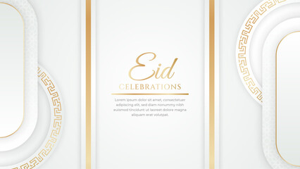 Eid mubarak celebration white and gold with ornament and lantern