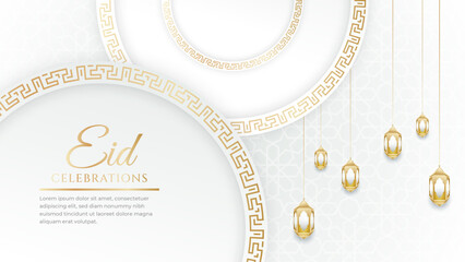 Eid Mubarak colorful luxury Islamic white and gold background with decorative ornament, eid Mubarak social media post design.
