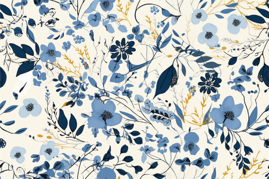 Cute hand drawn abstract flowers print. Modern cartoon style pattern. Fashionable template for design. Vintage blue and beige floral seamless pattern on white background
