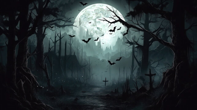 Spooky Halloween in the haunted forest graveyard with bats and scary trees. Happy Halloween Background. Generative AI