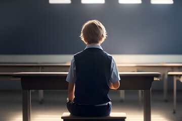 sad boy, classroom,  alone, portrait of back of sad student boy, sitting alone, lonely in class room, generative ai