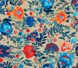 Cute colorful hand drawn vintage artistic flowers print. Modern cartoon style pattern. Fashionable template for design. Floral pattern with blue flowers in the folklore style