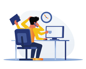 Deadline concept. Man in office with a lot of work. Employee stressed out on workplace. People in hurry to finish tasks and nervous. Vector illustration - obrazy, fototapety, plakaty