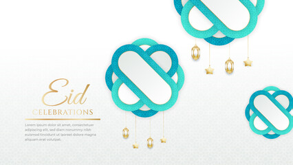 Eid Mubarak Arabic Islamic white and gold social media post design with arabesque border and frame
