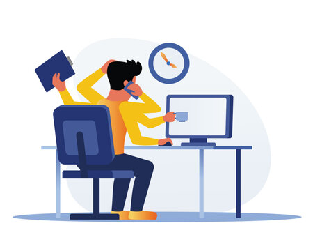 Deadline concept. Man in office with a lot of work. Employee stressed out on workplace. People in hurry to finish tasks and nervous. Vector illustration