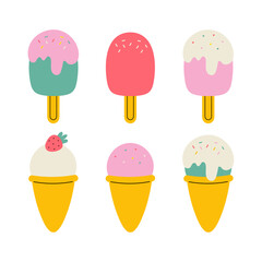 Set with ice cream. Good for cards, stickers, prints etc. Vector illustration in cartoon style. White background.