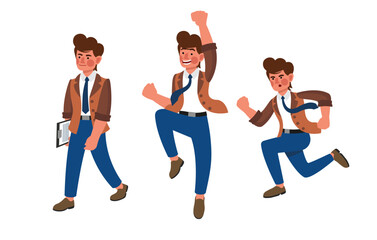 Manager in suit rejoicing, holding tablet with documents and jumping for joy. Character time management. Work day schedule. Time to work and time to rest. Vector illustration in flat style