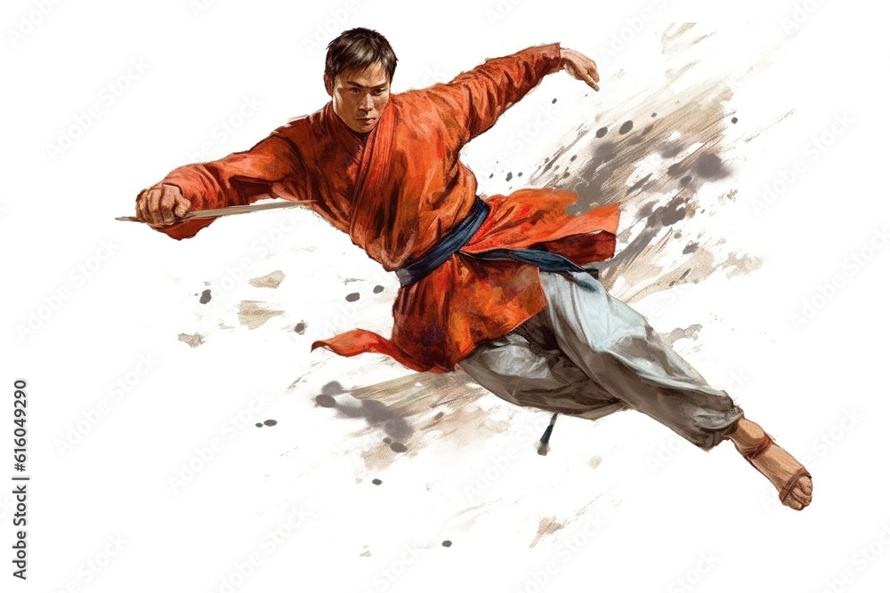 Poster wushu fighter isolated on white background. generated by ai.