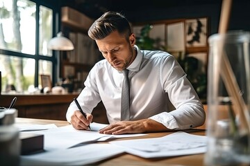 Serious young businessman writing in notebook while sitting at workplace in office