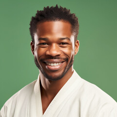 Obraz premium a smiling young men wearing karate clothes in dark green sage background generative ai