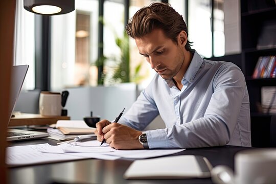 Serious young businessman writing in notebook while sitting at workplace in office