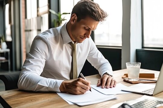 Serious young businessman writing in notebook while sitting at workplace in office