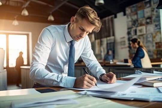 Serious young businessman writing in notebook while sitting at workplace in office