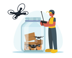 Cartoon faceless man working as military volunteer. Jar with drones. Non profit social organization. Social active youth and charity. Vector flat style illustration