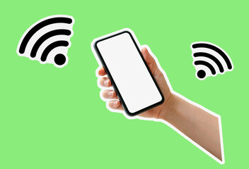 Cut out style composite image wi-fi icons and photo of smart phone with blank white screen in a hand on green background. Wireless technology, internet connection.