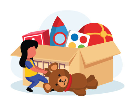 Faceless little girl playing with teddy bear out of box. Help from humanitarian aid organization. Boxes full of toys for charity. Volunteer social assistance. Vector flat style illustration