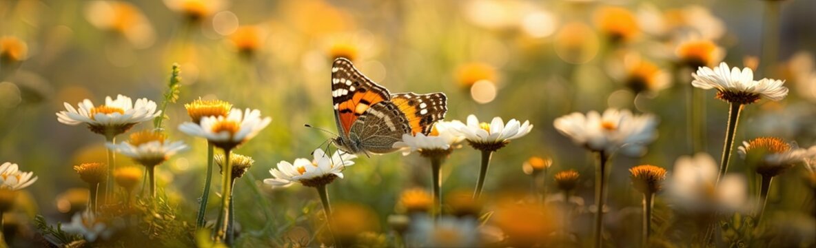 Butterfly on daisies in the meadow at sunset with AI-Generated Images