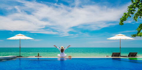 Wide panorama happy traveler woman on edge infinity pool joy fun nature view scenic landscape, Leisure time tourist travel Phuket Thailand summer holiday vacation, Tourism beautiful destination Asia