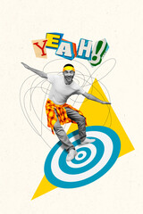 Creative abstract template graphics collage image of carefree excited guy getting target saying yeah isolated colorful background