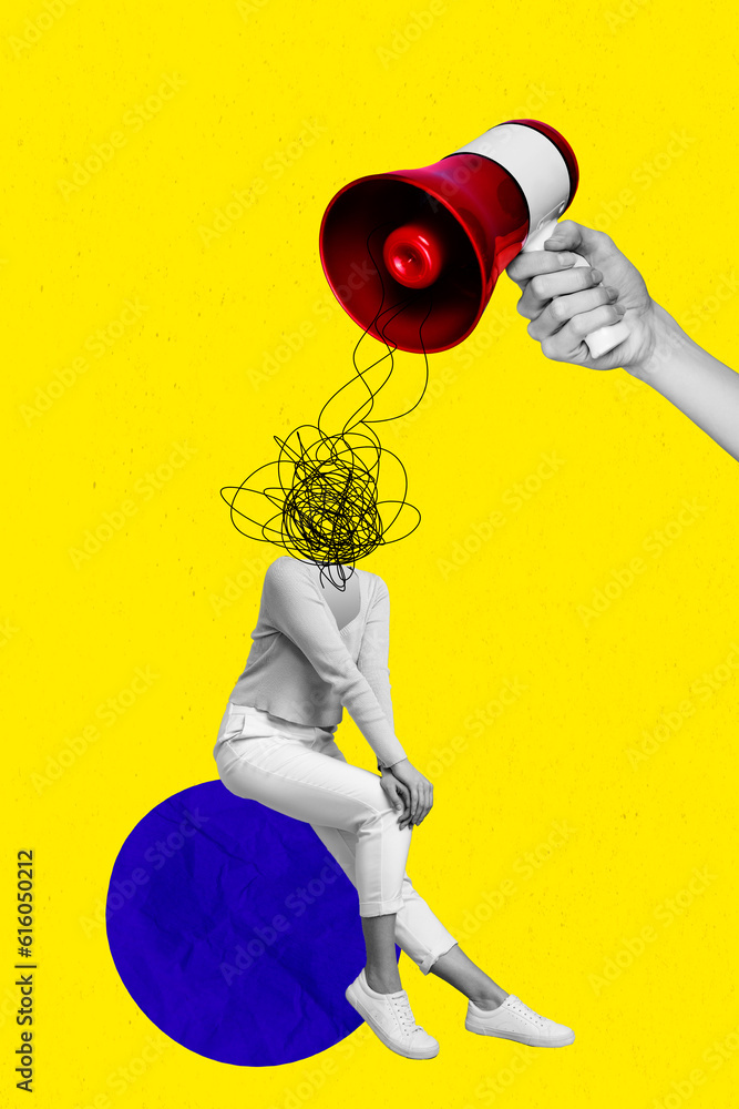 Poster Vertical collage image of black white effect arm hold loudspeaker mini girl painted mess instead head isolated on yellow background