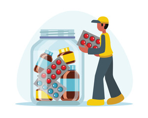 Faceless volunteer guy fills charity jar with pills and medicines. Social active youth and charity. Helping others. Humanitarian aid organization. Vector flat style illustration